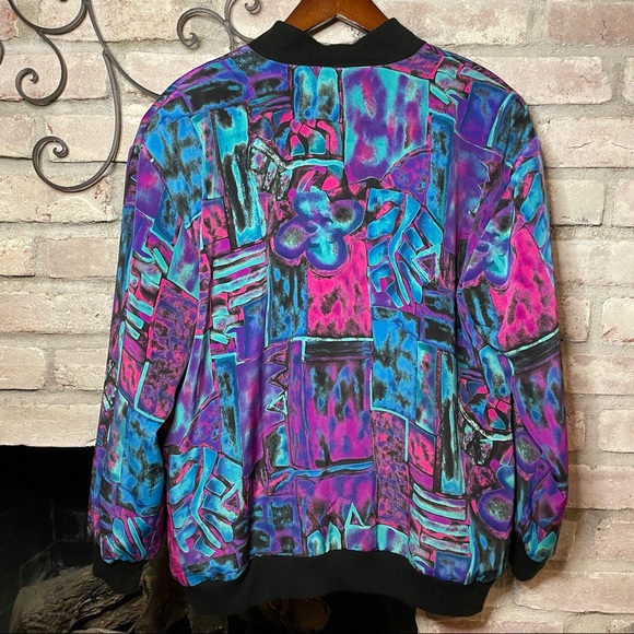 Vintage 80’s Pierre Lamonte ZipUp Abstract Jacket Black Pink Blue Large - Picture 2 of 5